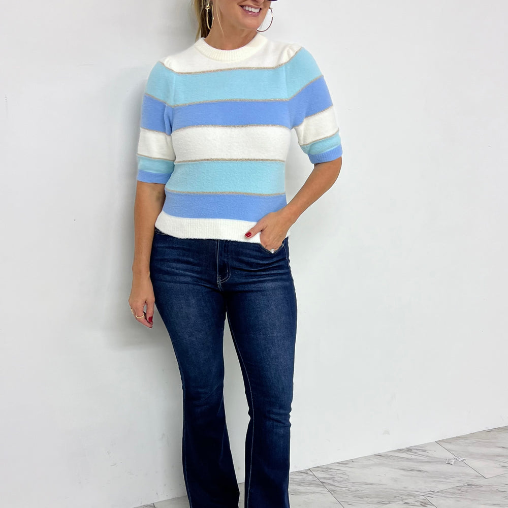 
                  
                    Atlantic Blue Stripe Short Sleeve Sweater
                  
                