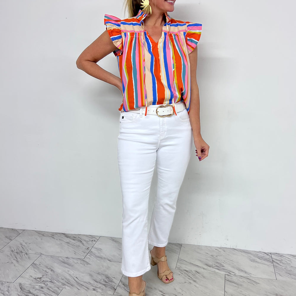 Paradise Stripe Flutter Sleeve Top