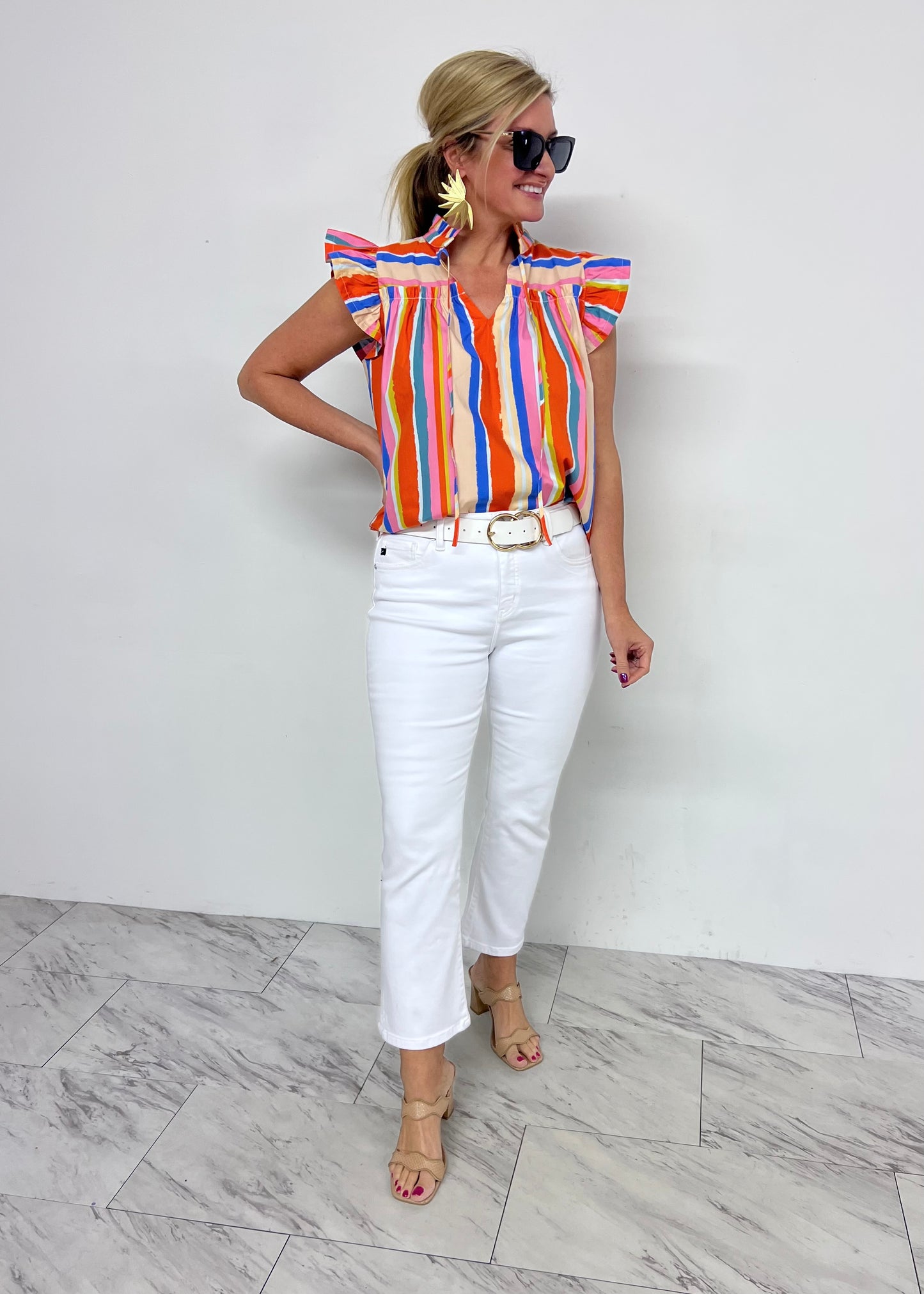 Paradise Stripe Flutter Sleeve Top