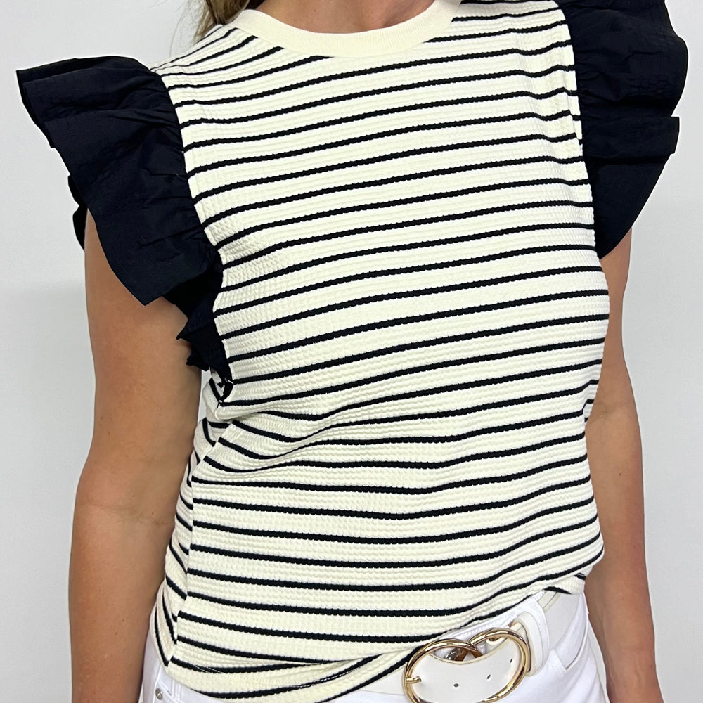 
                  
                    Penelope Stripe + Flutter Sleeve Top (Black)
                  
                