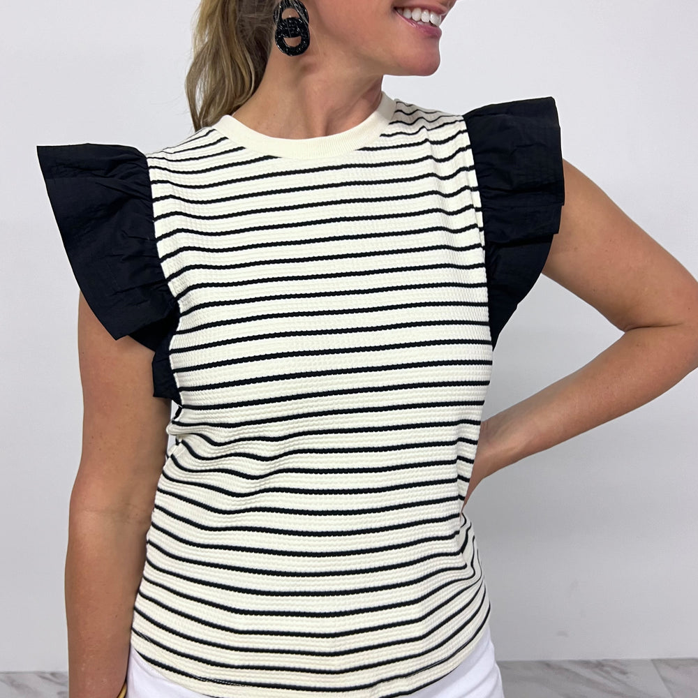 
                  
                    Penelope Stripe + Flutter Sleeve Top (Black)
                  
                