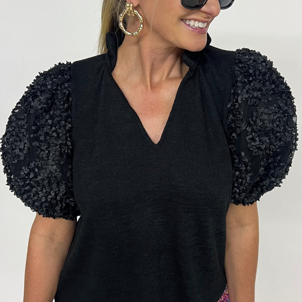 Harlow Black Textured Sleeve V.Neck Top