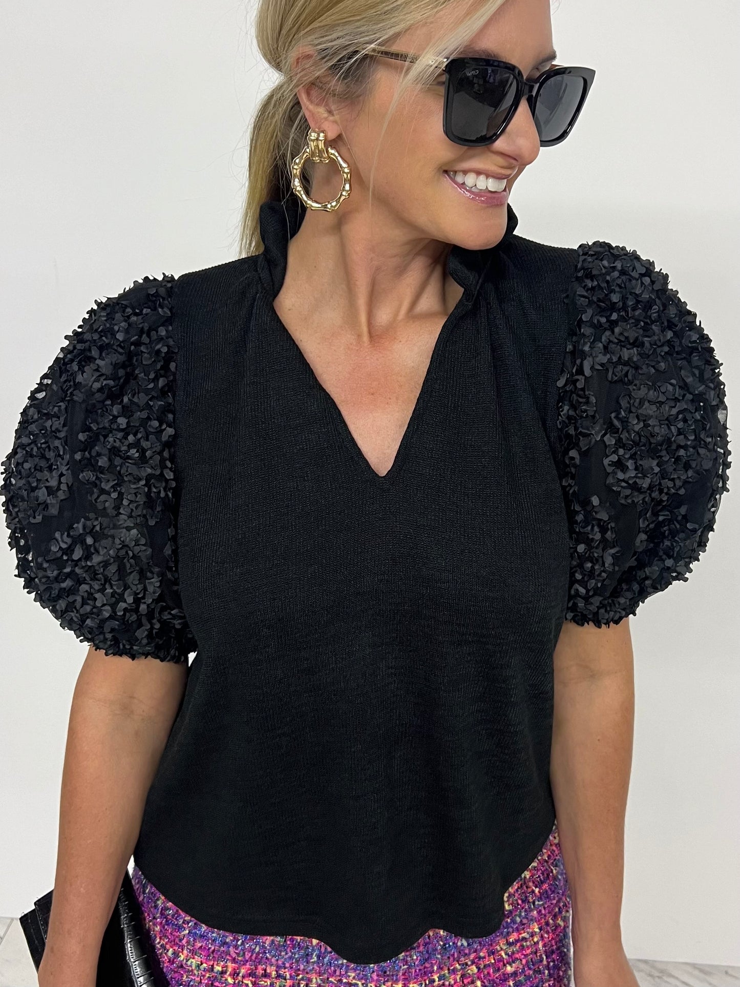 Harlow Black Textured Sleeve V.Neck Top