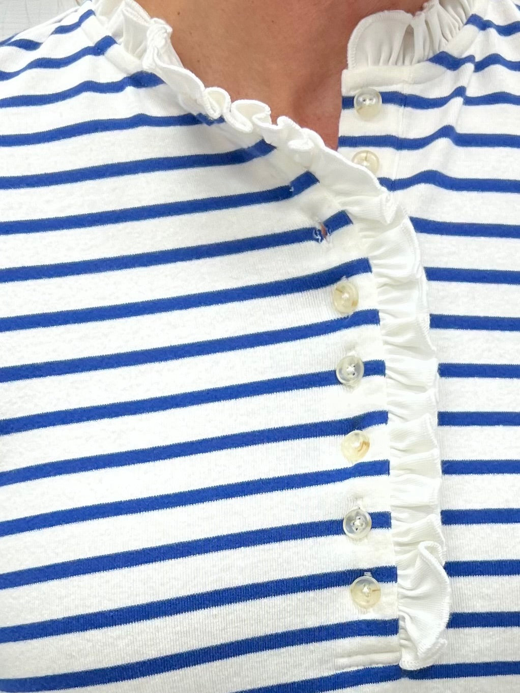 Bella Blue Stripe + Ruffle Detail Top