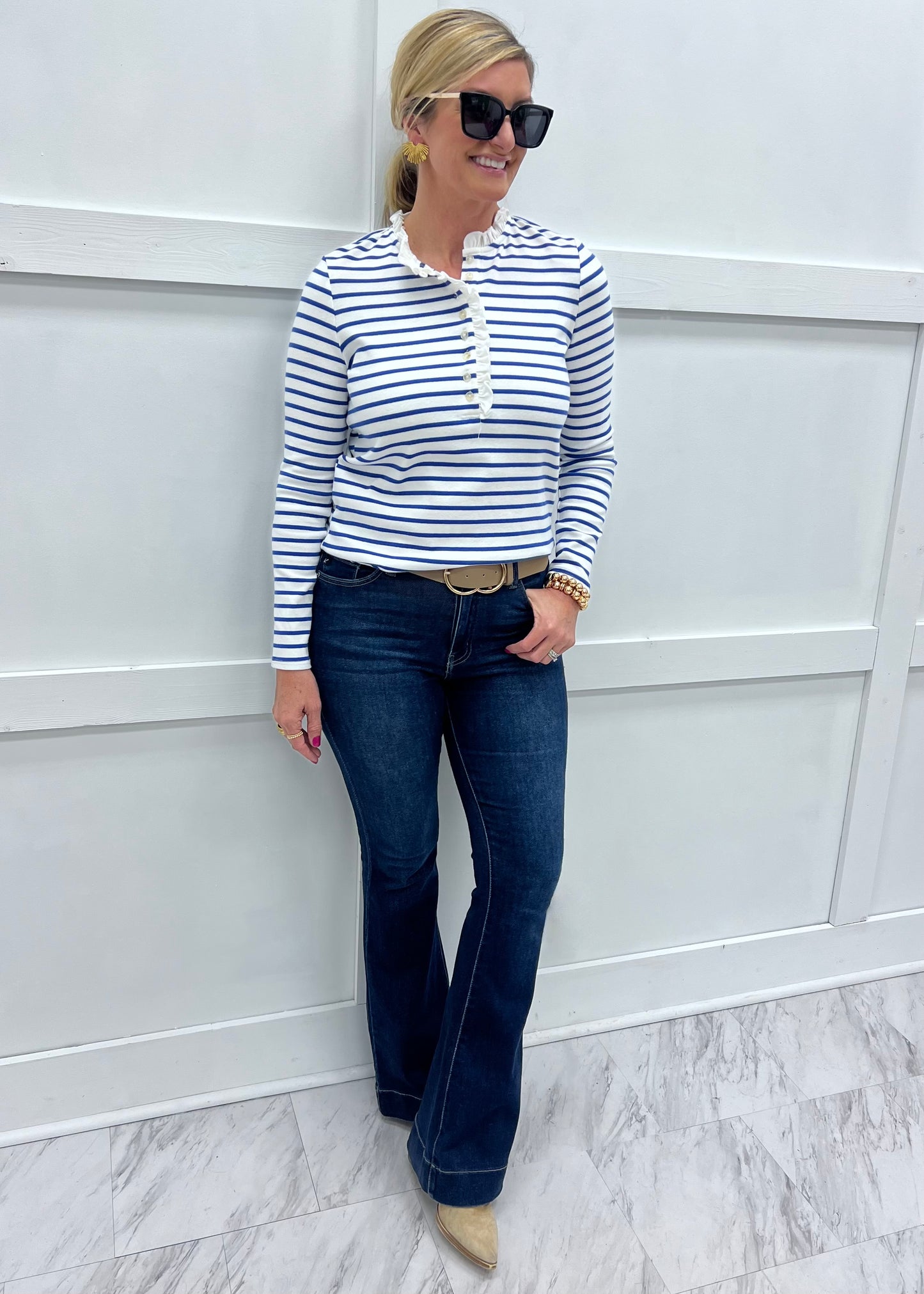 Bella Blue Stripe + Ruffle Detail Top