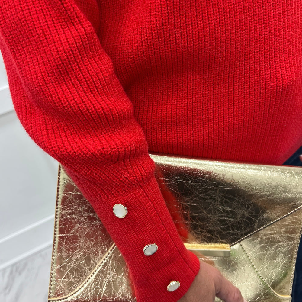 Ashlyn Button Sleeve Turtleneck Top (Red)