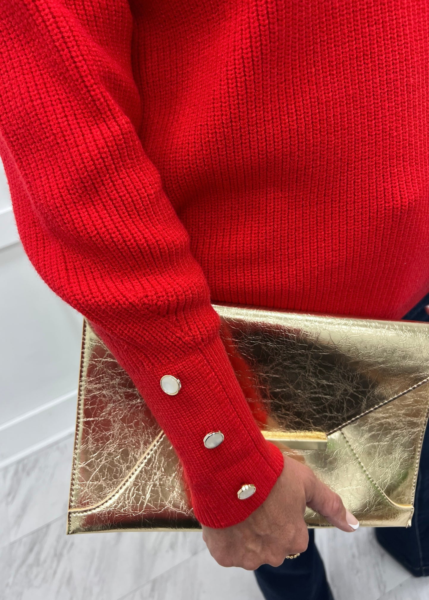 Ashlyn Button Sleeve Turtleneck Top (Red)