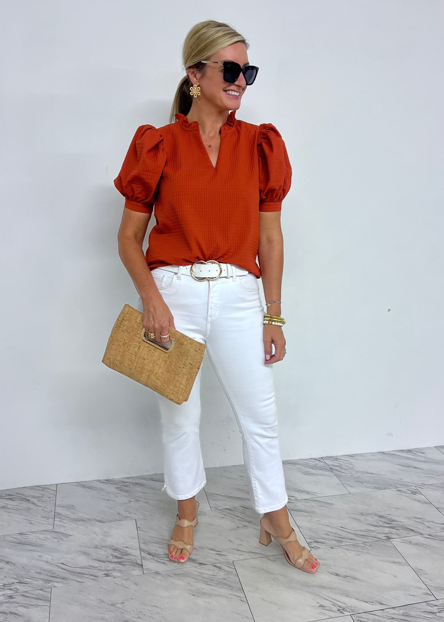 Lexi Textured Puff Sleeve Top (Rust)