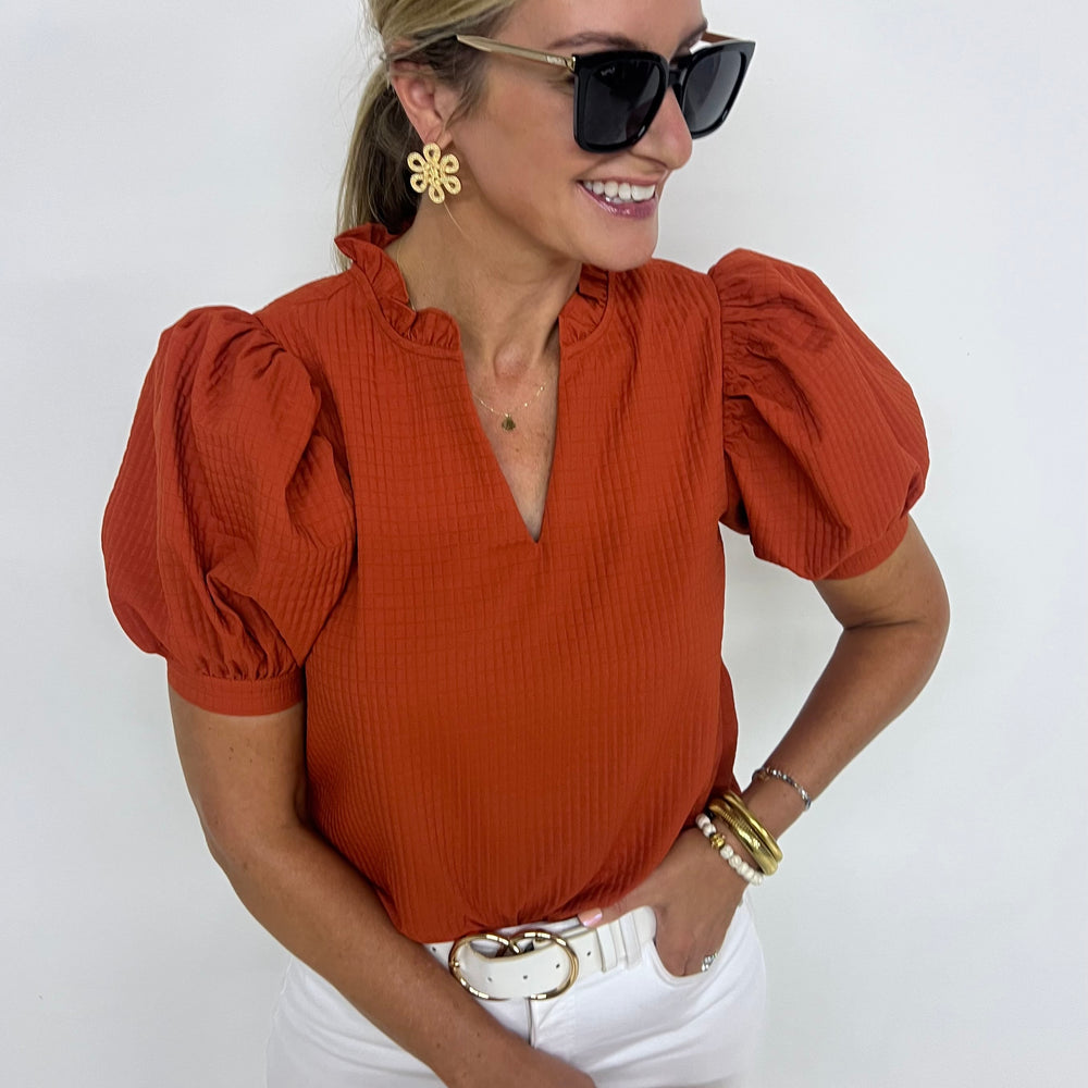 Lexi Textured Puff Sleeve Top (Rust)