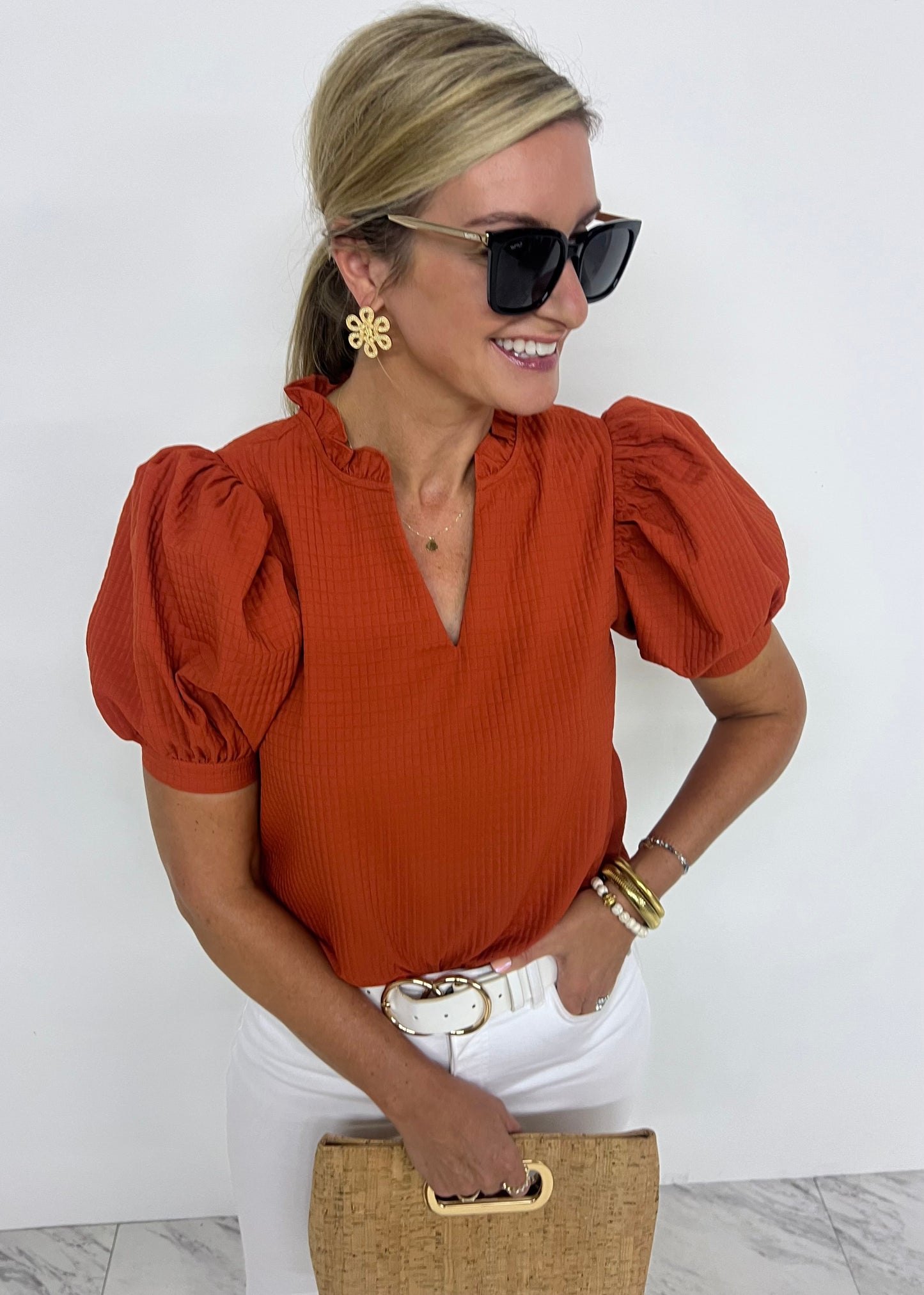 Lexi Textured Puff Sleeve Top (Rust)