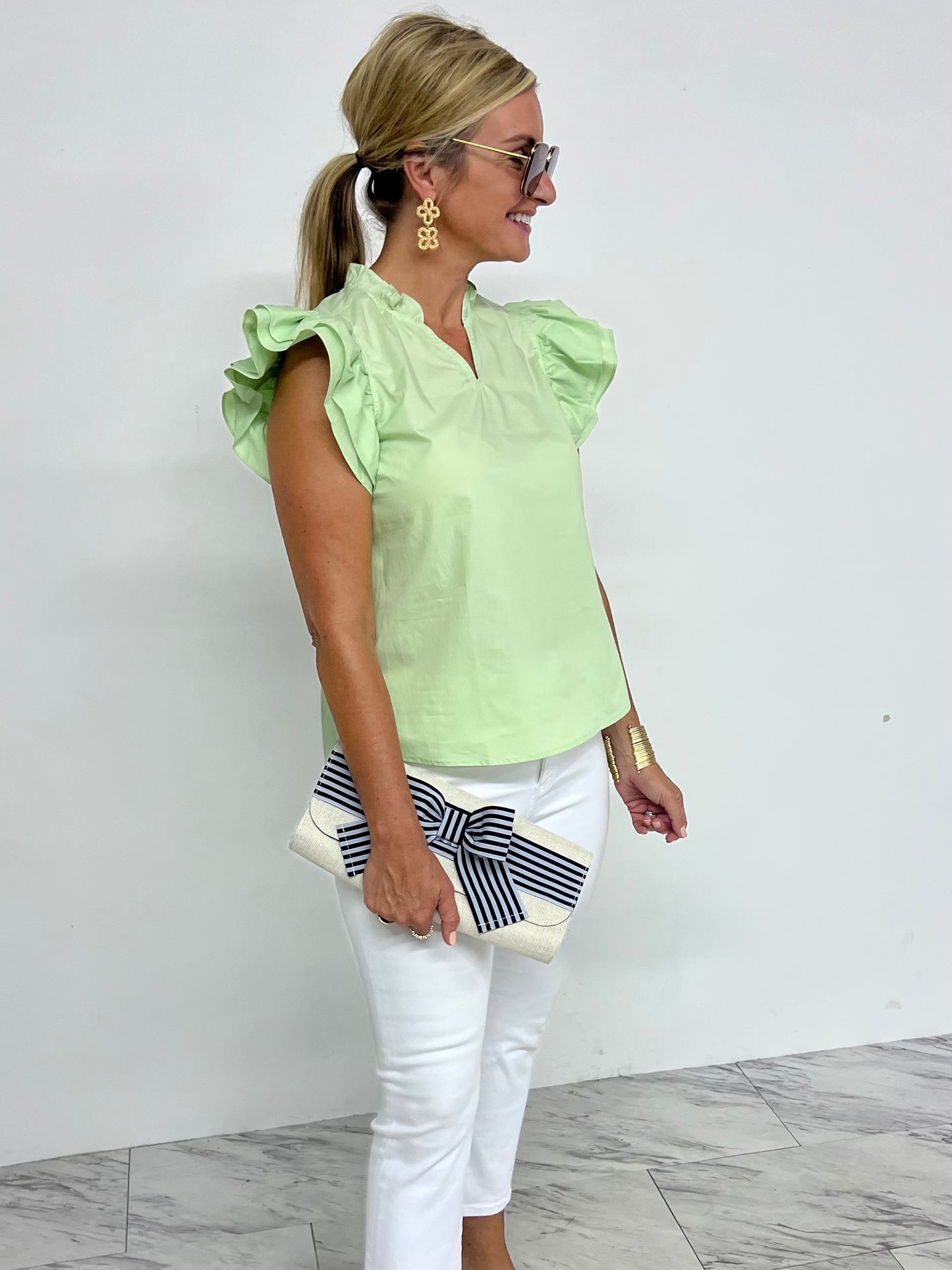 Delaney Green Ruffle Sleeve Top