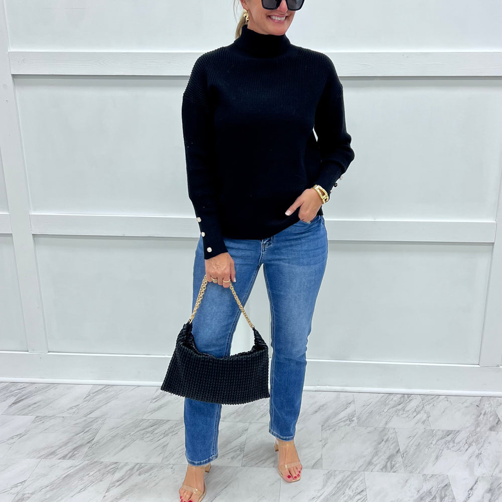 Ashlyn Button Sleeve Turtleneck Top (Black)
