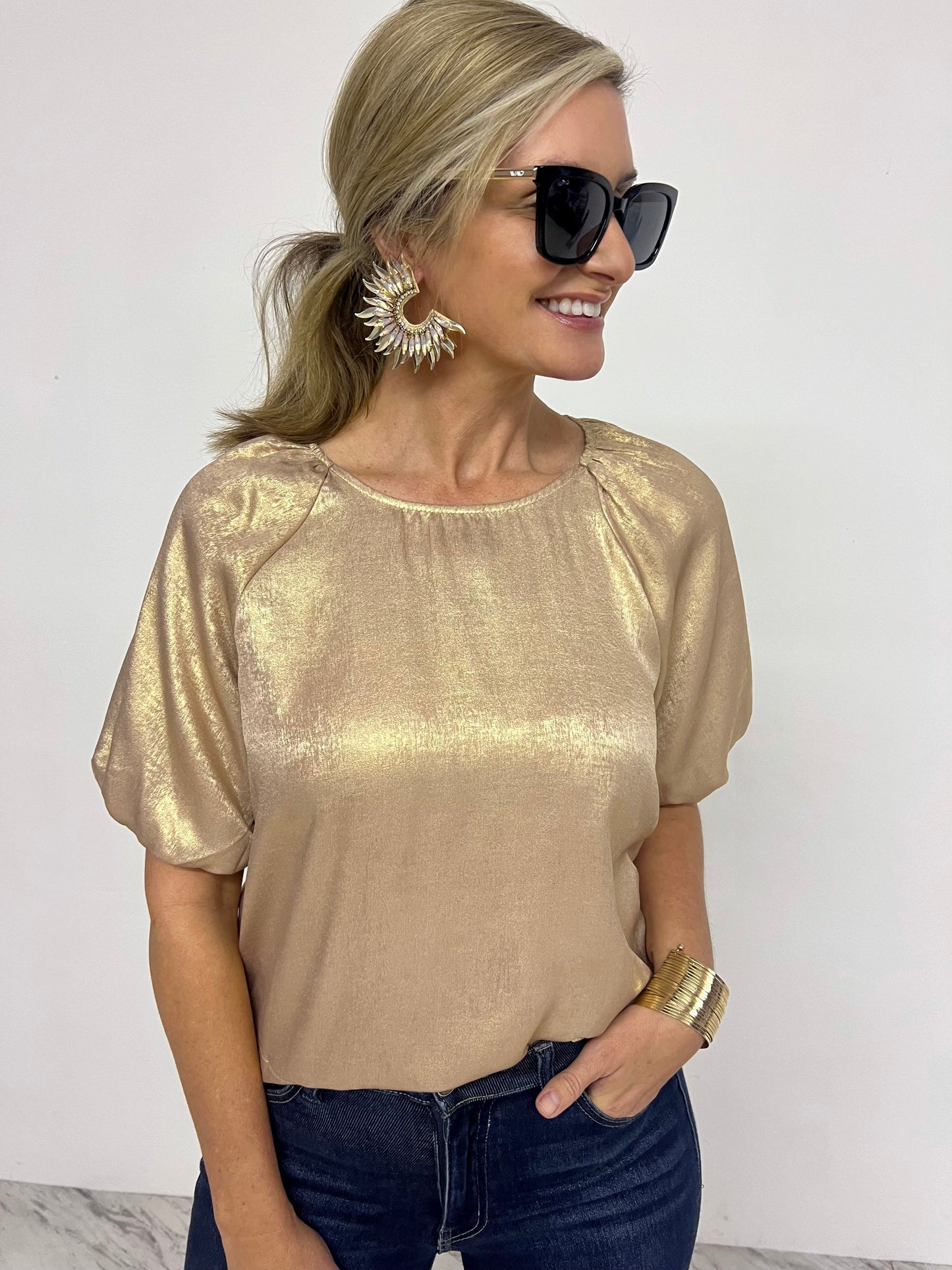 Grace Gold Shimmer Puff Sleeve Top