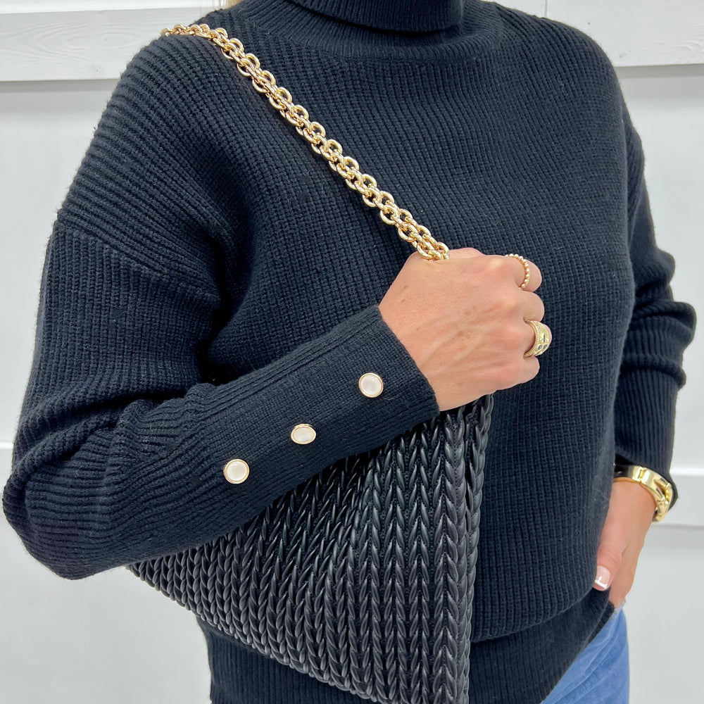 Ashlyn Button Sleeve Turtleneck Top (Black)