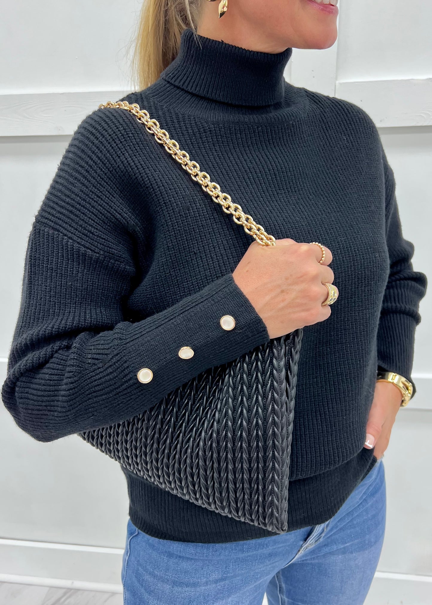 Ashlyn Button Sleeve Turtleneck Top (Black)