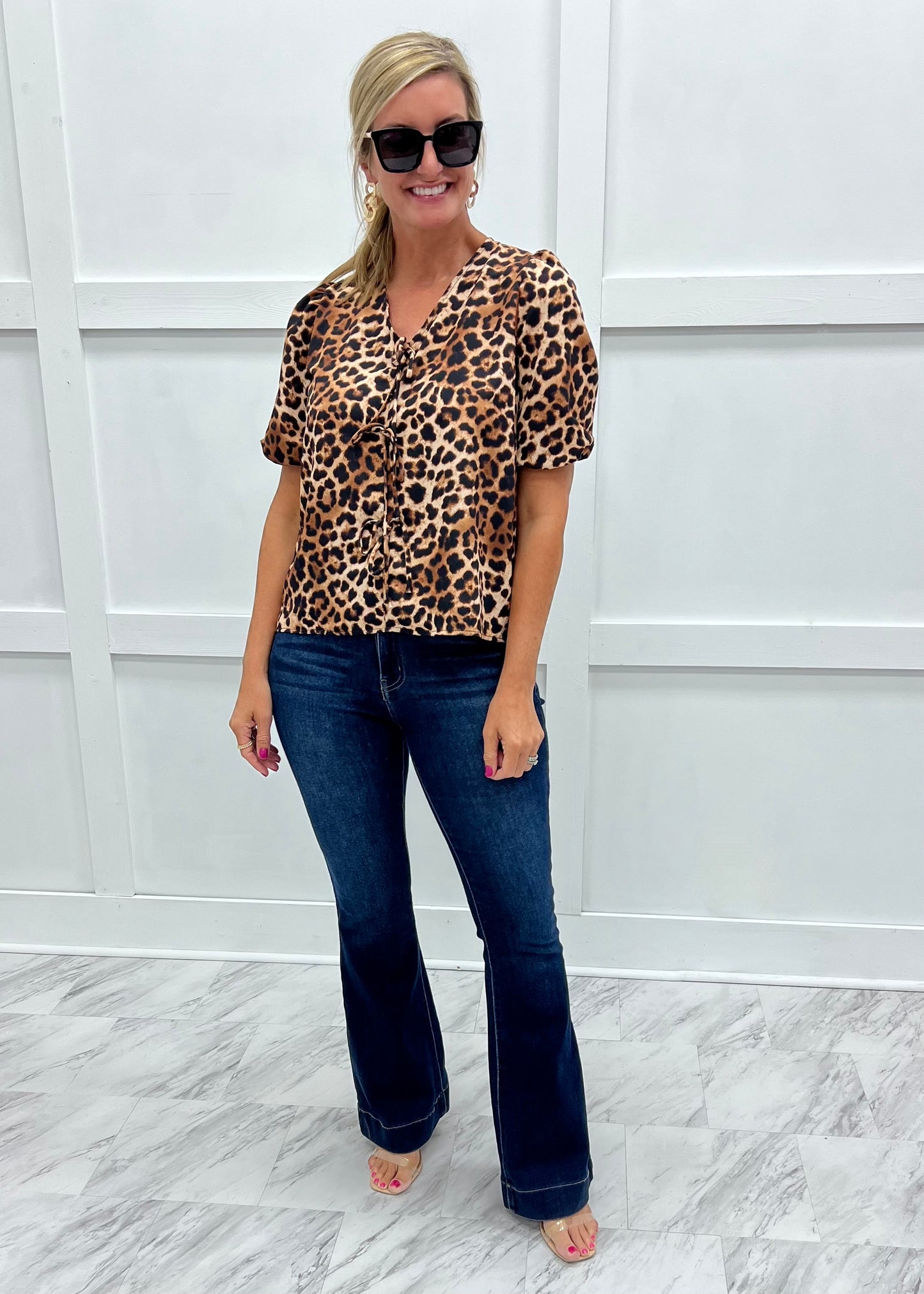 Lainey Leopard Tie Front Top