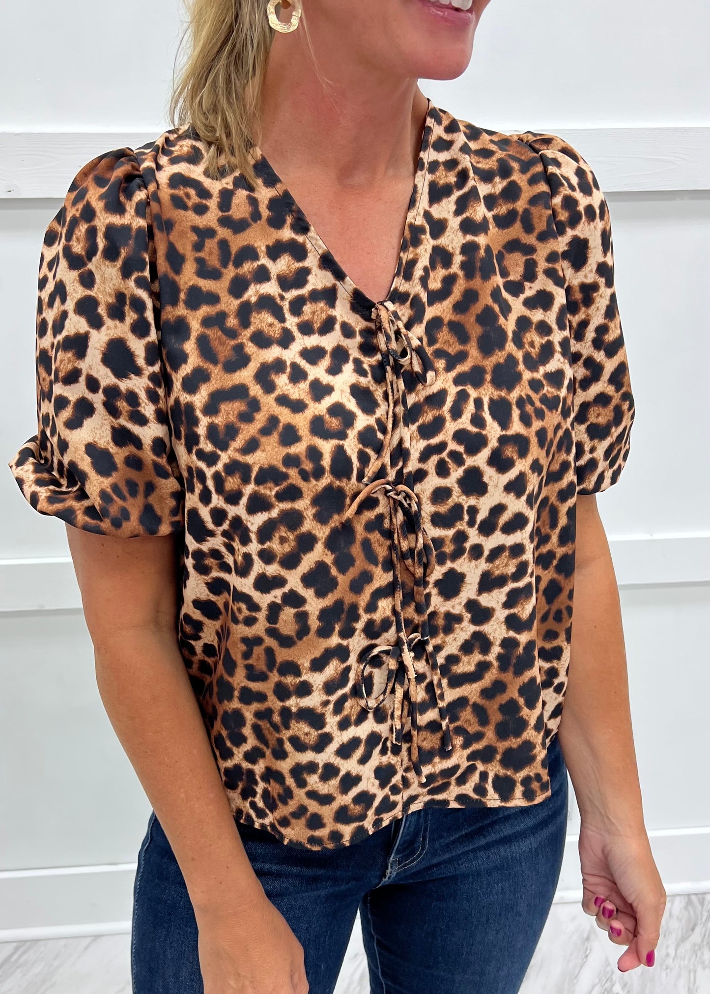 Lainey Leopard Tie Front Top