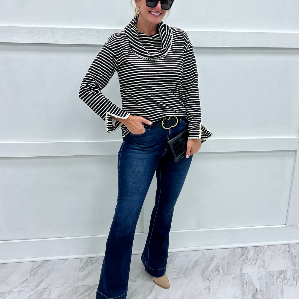 Line By Line Stripe Cowl Neck Top (Black)