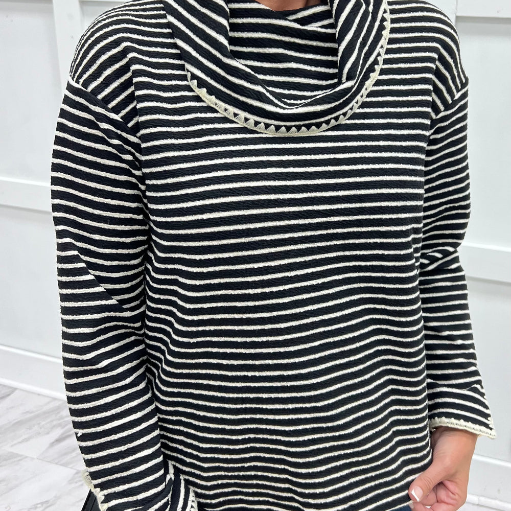 
                  
                    Line By Line Stripe Cowl Neck Top (Black)
                  
                