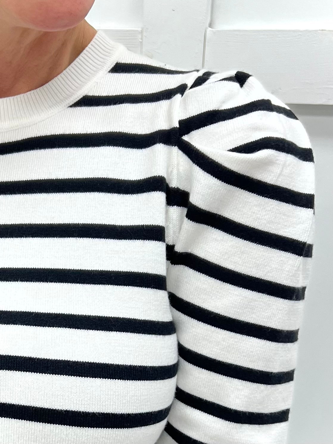 Halston Stripe Puff Sleeve Sweater (Black)