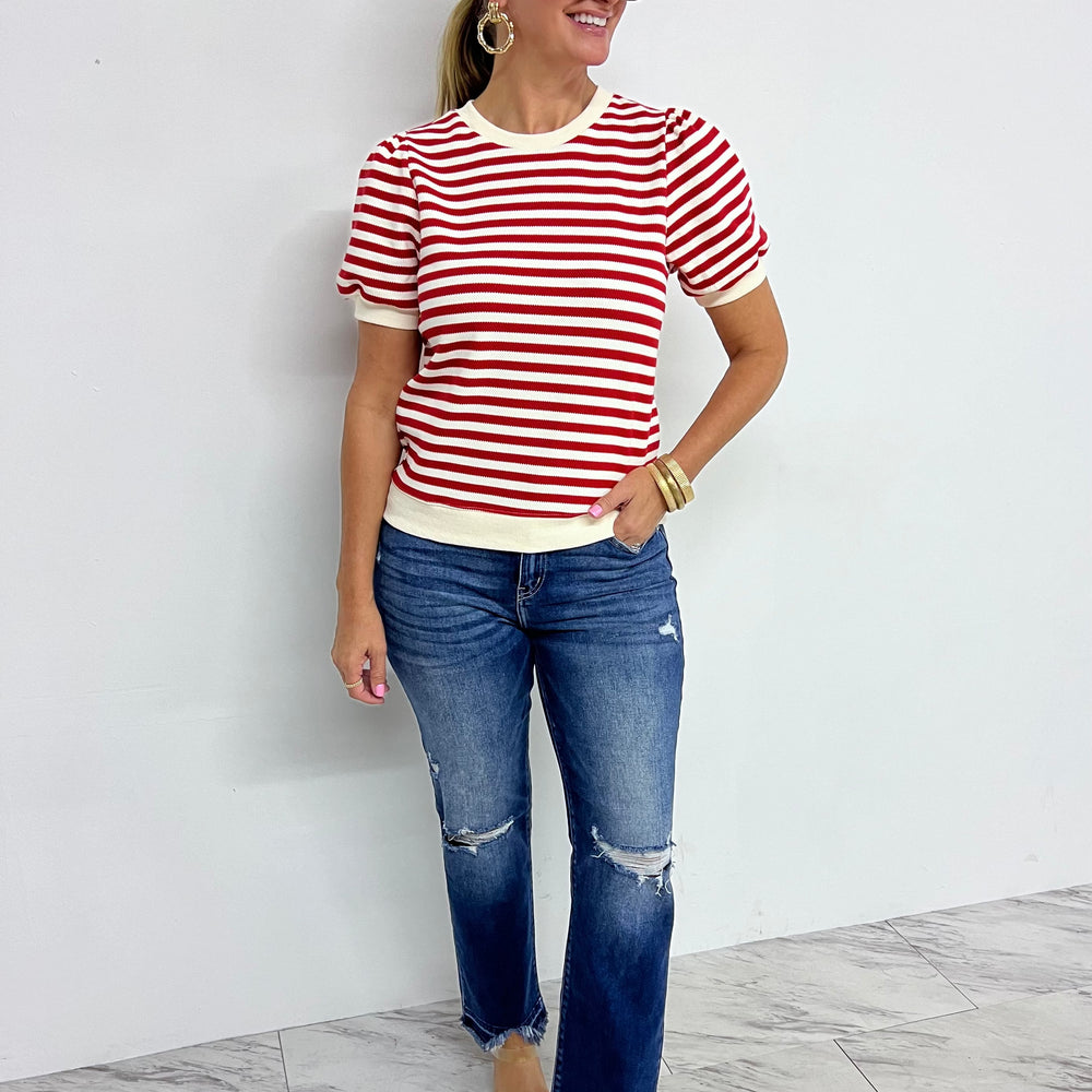 
                  
                    Valle Stripe + Textured Short Sleeve Sweater (Red)
                  
                