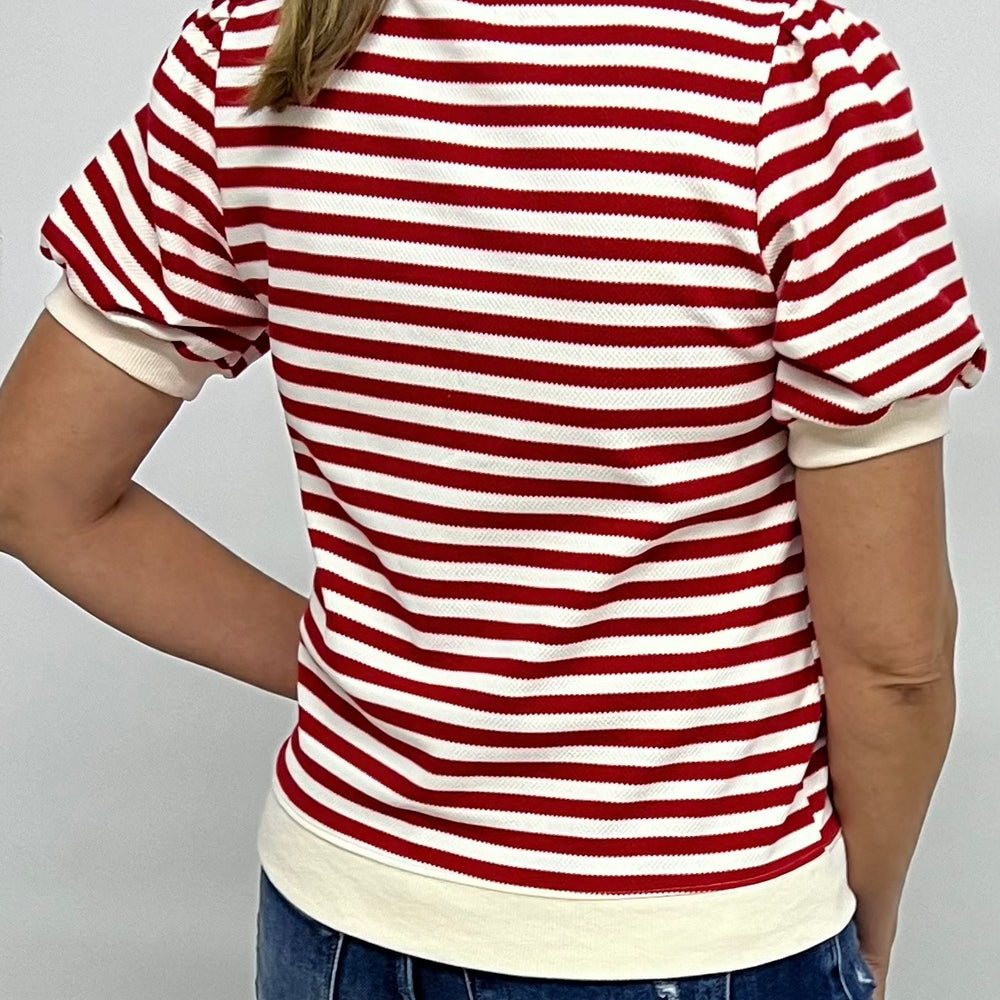 Valle Stripe + Textured Short Sleeve Sweater (Red)