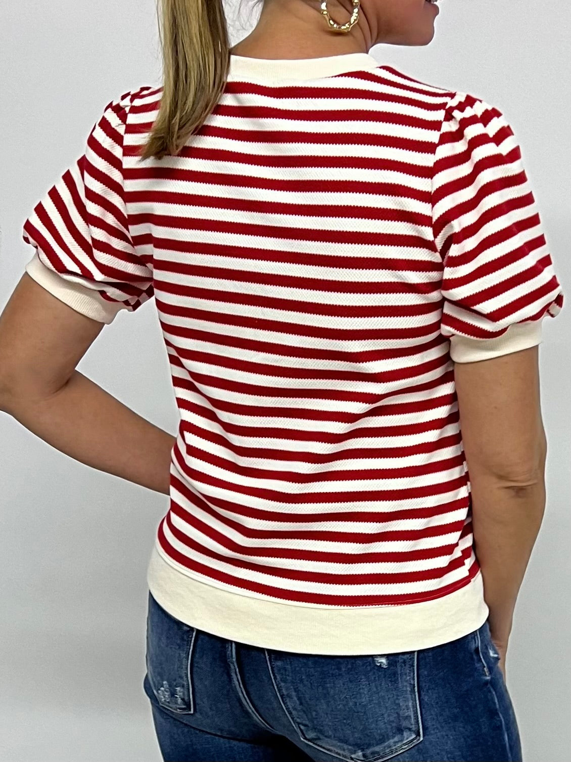 Valle Stripe + Textured Short Sleeve Sweater (Red)