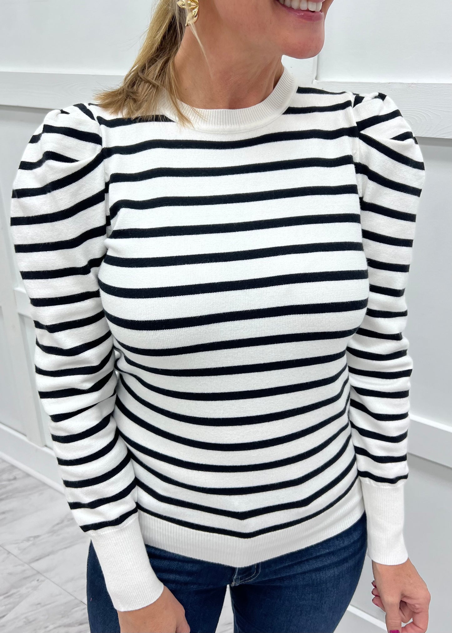 Halston Stripe Puff Sleeve Sweater (Black)