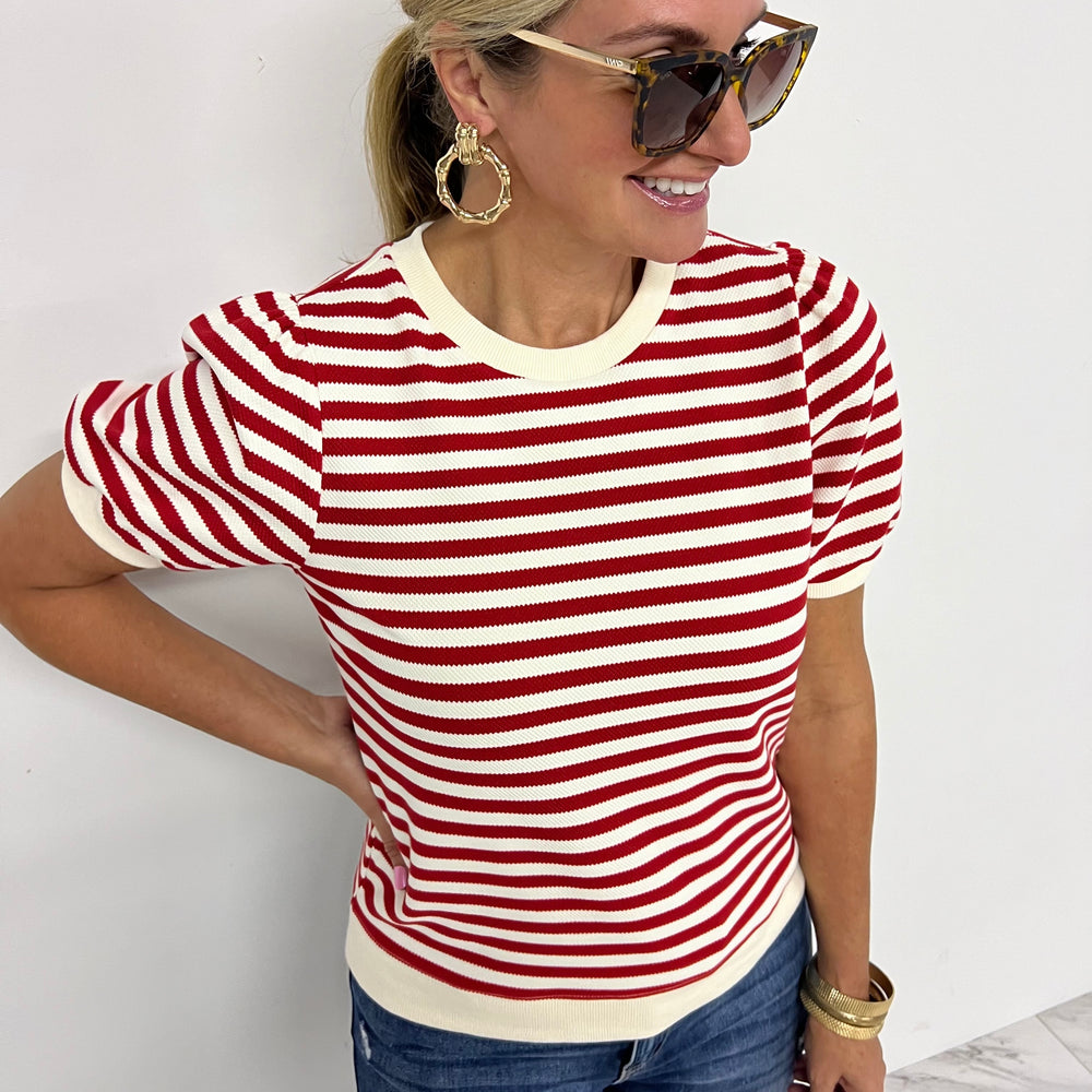 Valle Stripe + Textured Short Sleeve Sweater (Red)