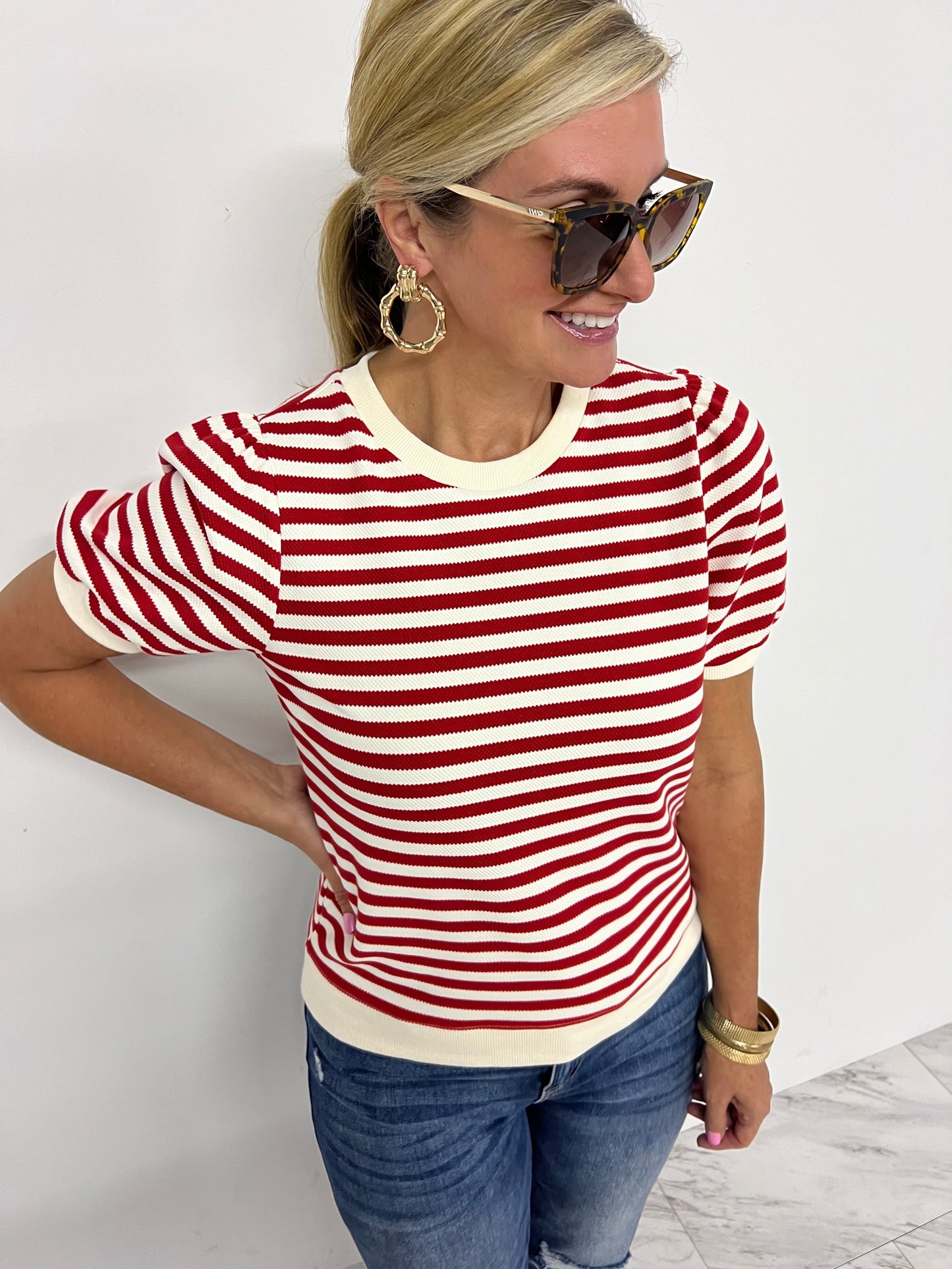 Valle Stripe + Textured Short Sleeve Sweater (Red)