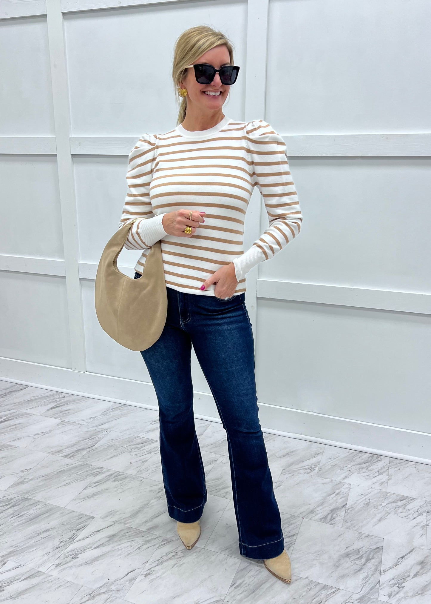 Halston Stripe Puff Sleeve Sweater (Taupe)
