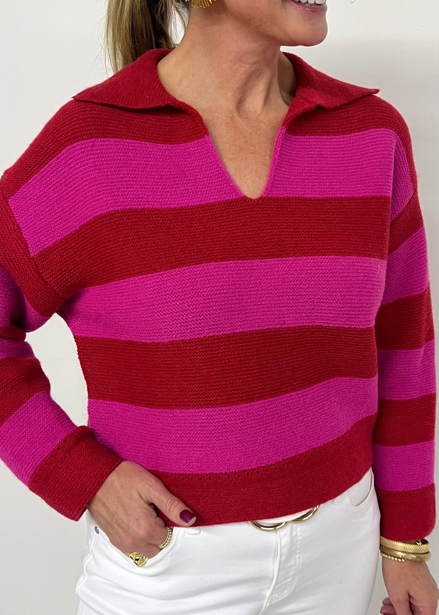 Love Story Stripe + Collar Sweater (Red Mix)-FINAL SALE