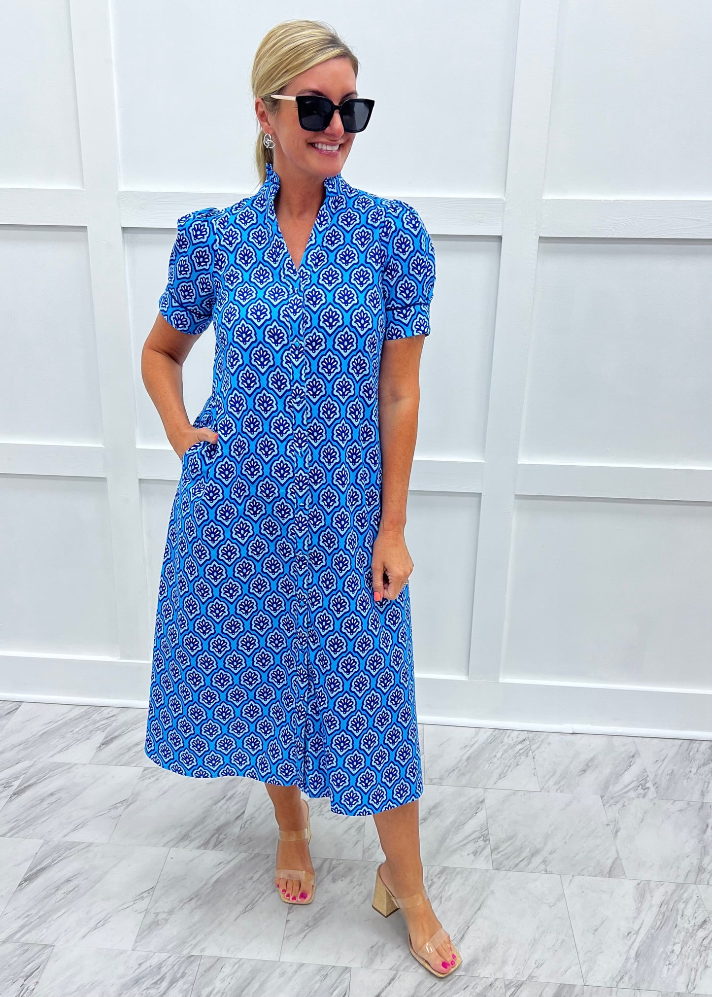 blue pattern midi dress Miss Circle Paloma Blue Print Linen Corset Draping Top Midi Dress XS