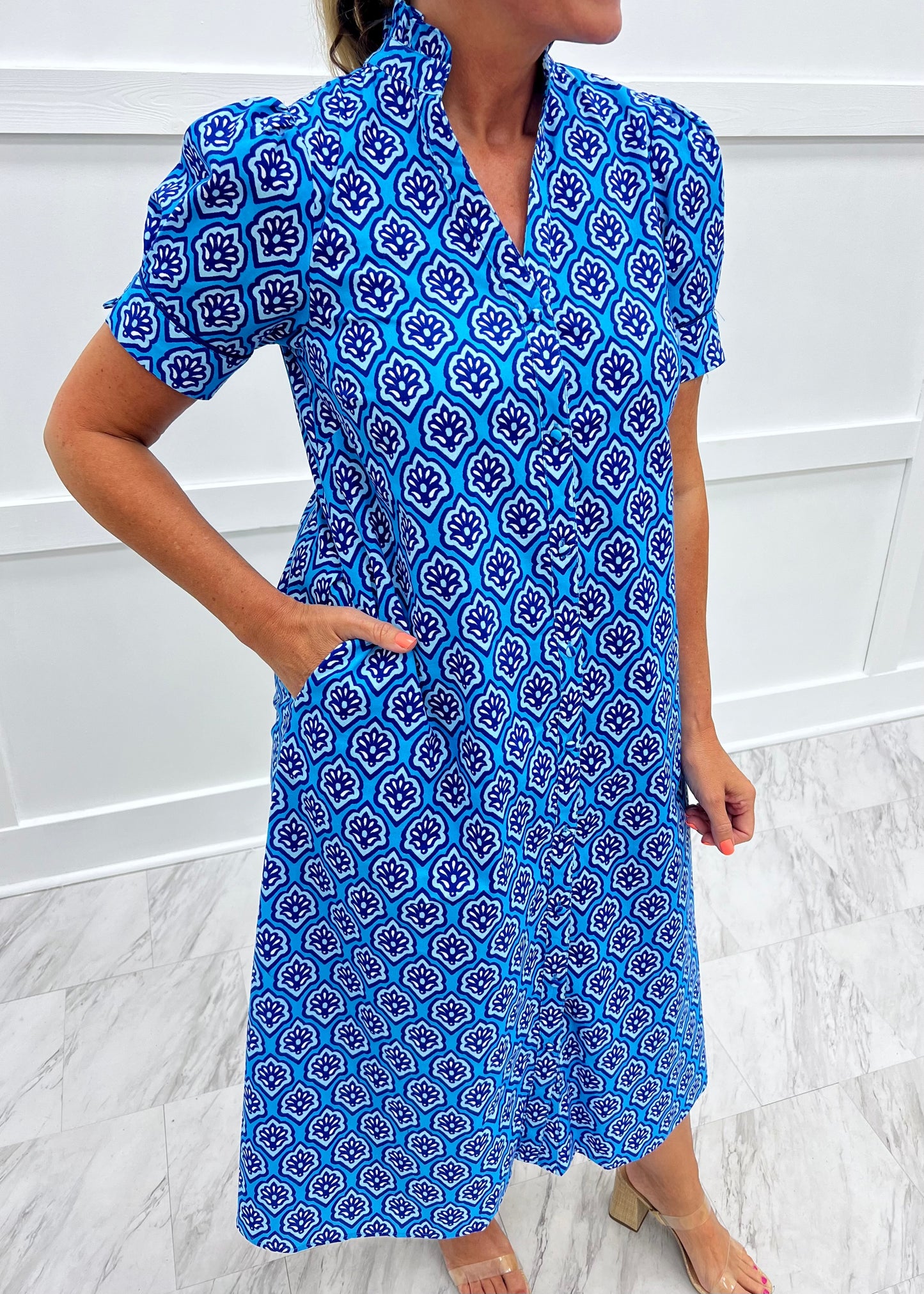 sapphire blue midi dress Genevieve Puffed-Sleeve Midi Dress
