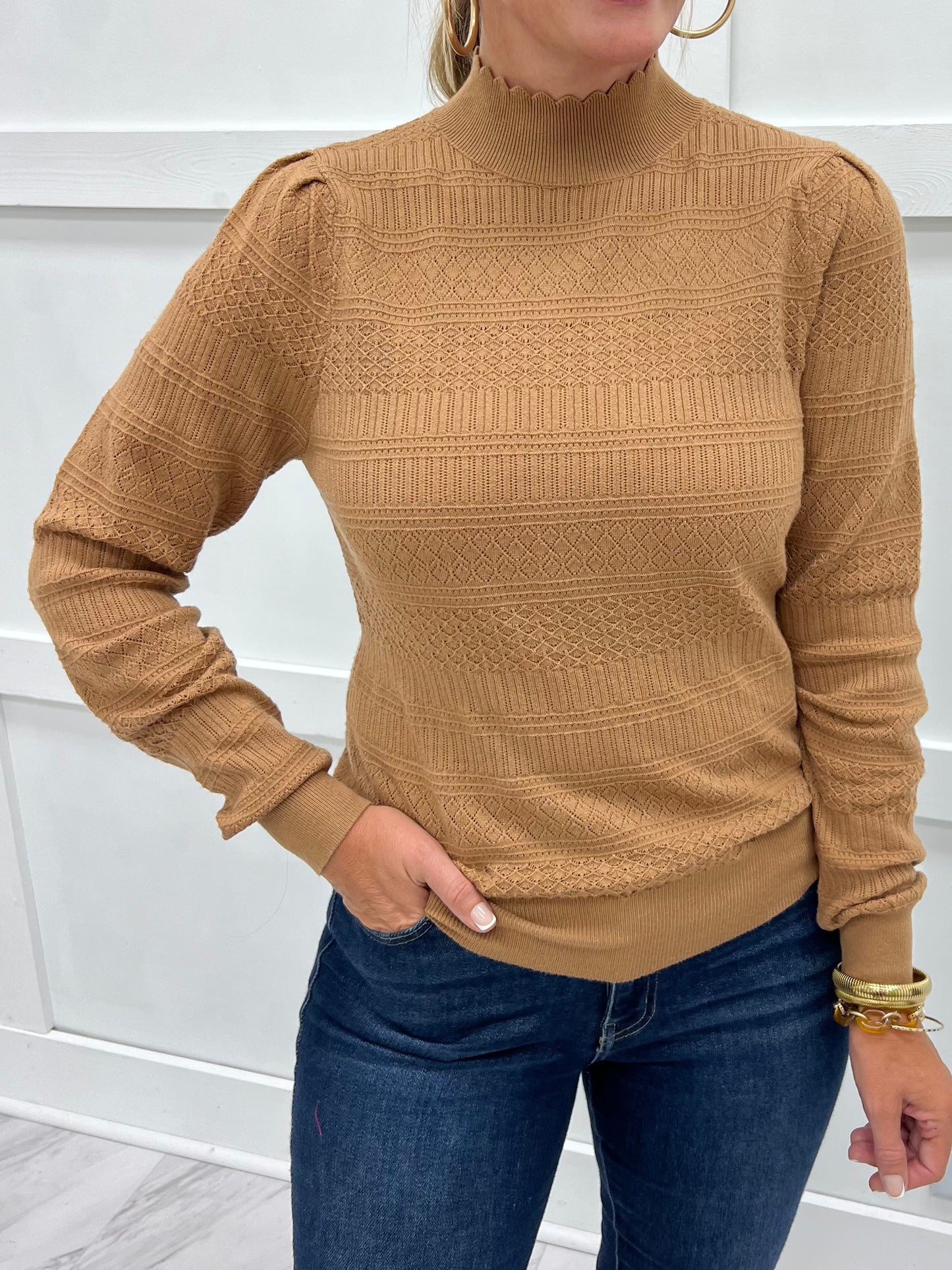Kennedy Beige Pointelle Mock Neck Top