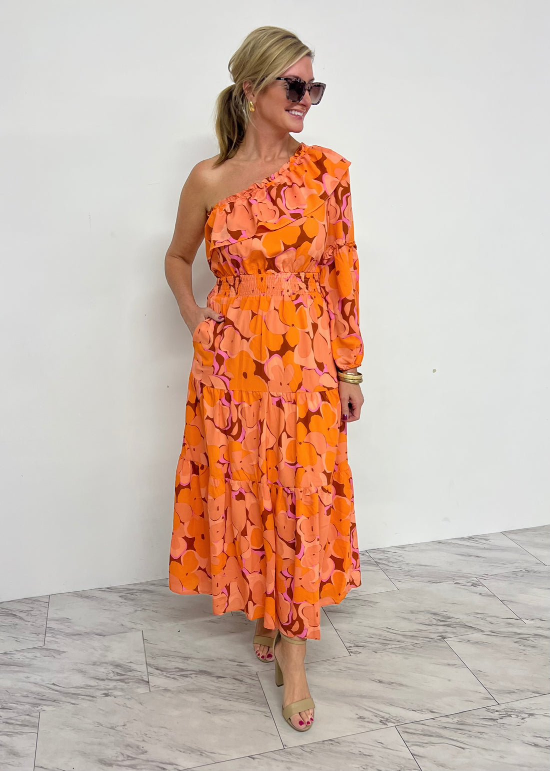 Flower Striped Single Shoulder Dress