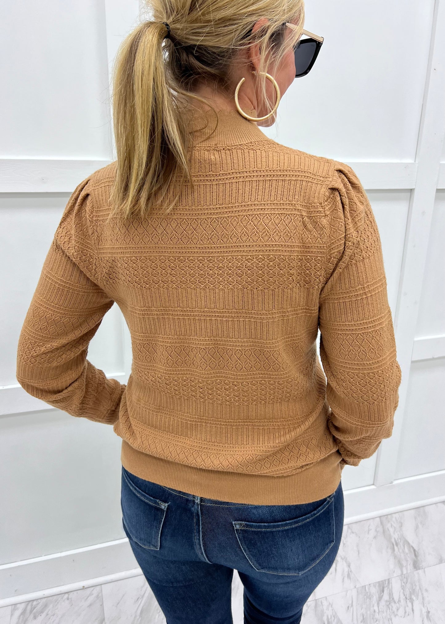 Kennedy Beige Pointelle Mock Neck Top