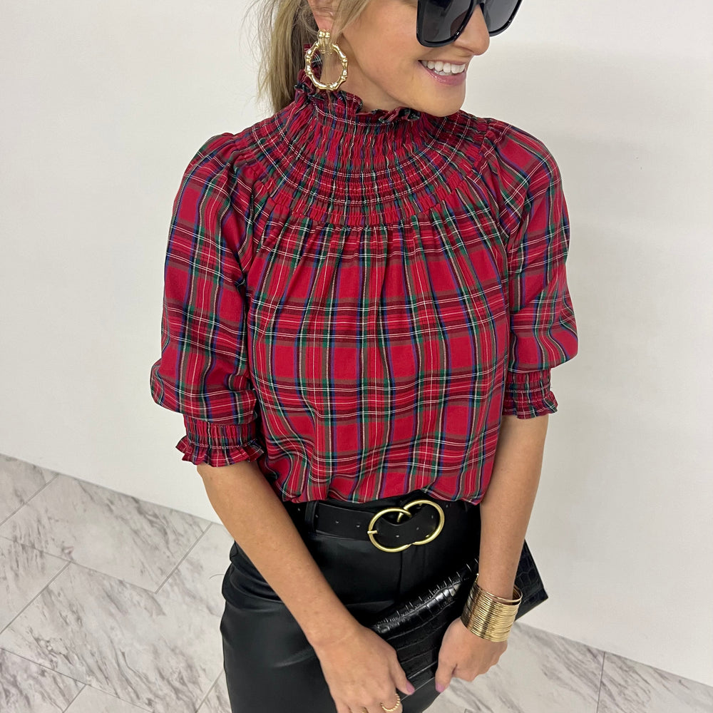 Deck The Halls Smocked Plaid Top (Red)