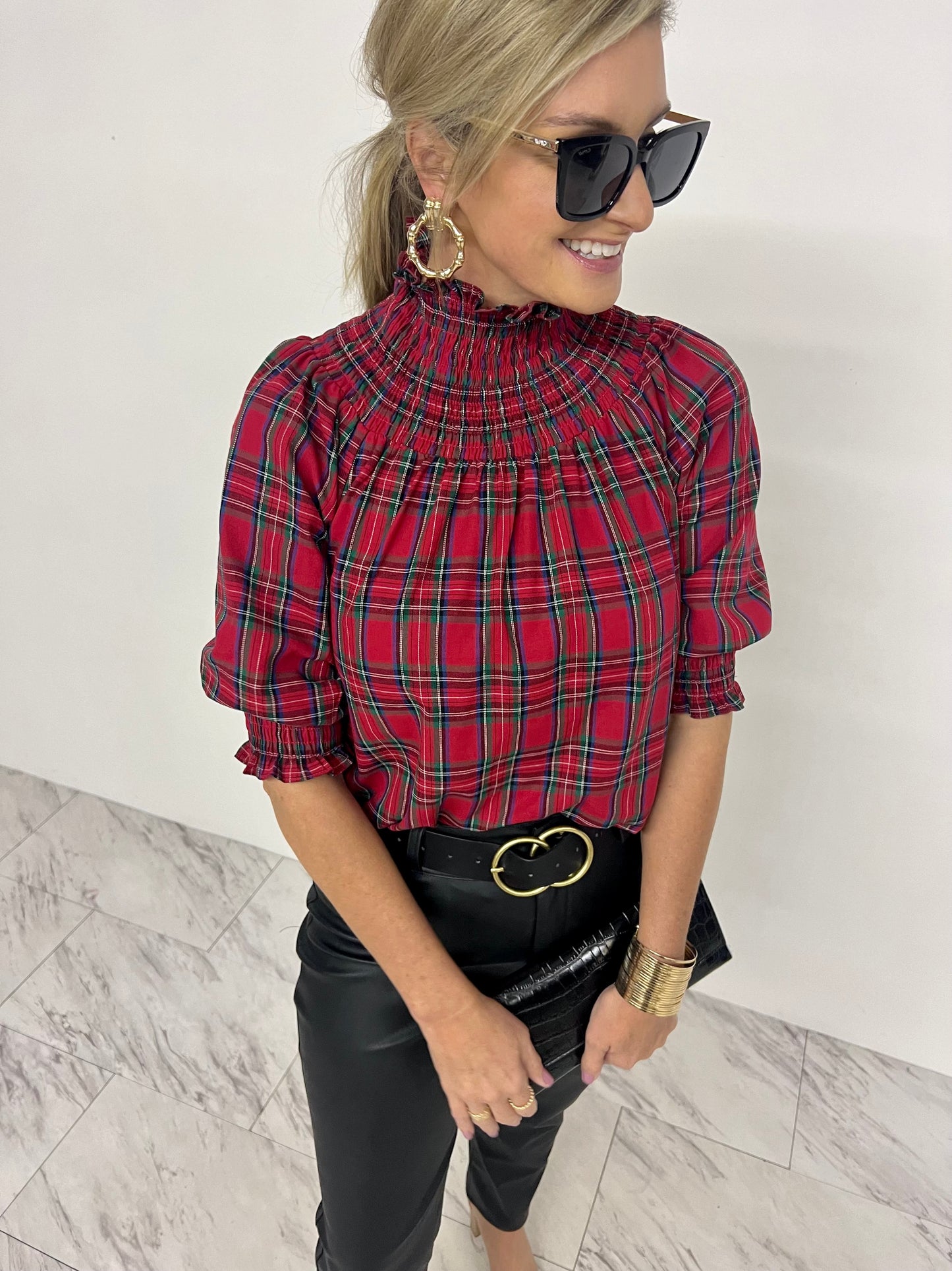 Deck The Halls Smocked Plaid Top (Red)