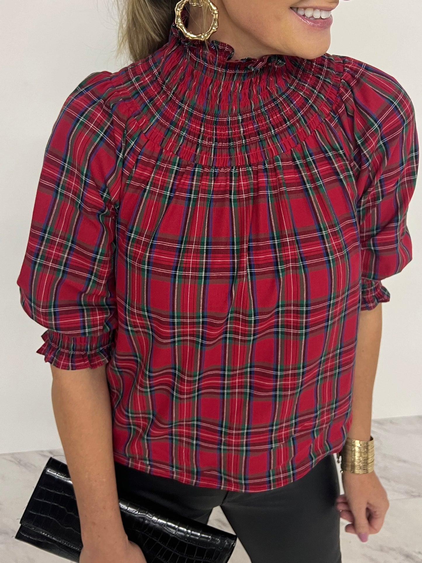 Deck The Halls Smocked Plaid Top (Red)