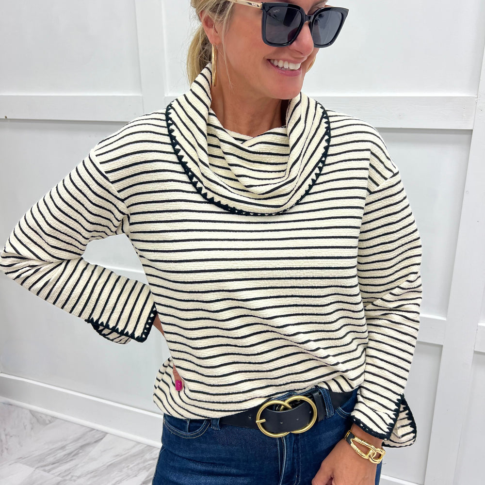 Line By Line Stripe Cowl Neck Top (Ivory)