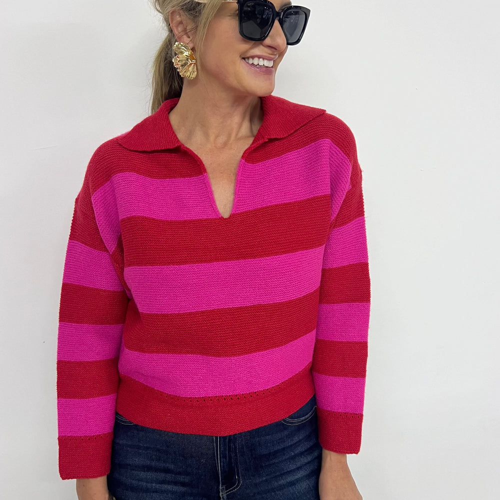 Love Story Stripe + Collar Sweater (Red Mix)