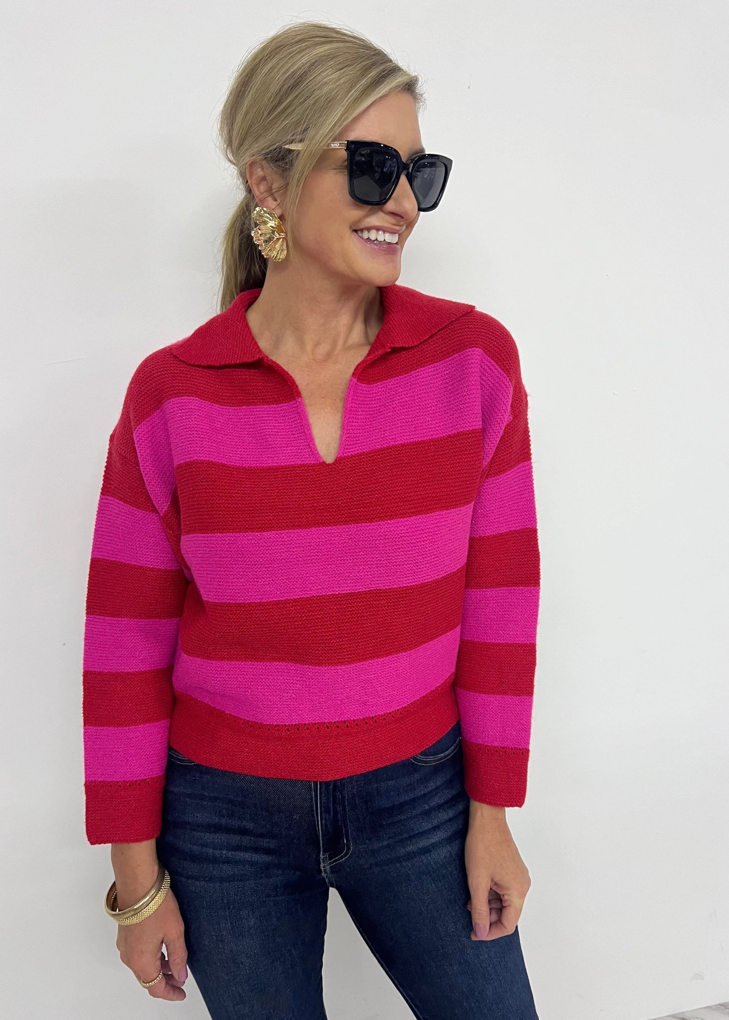 Love Story Stripe + Collar Sweater (Red Mix)