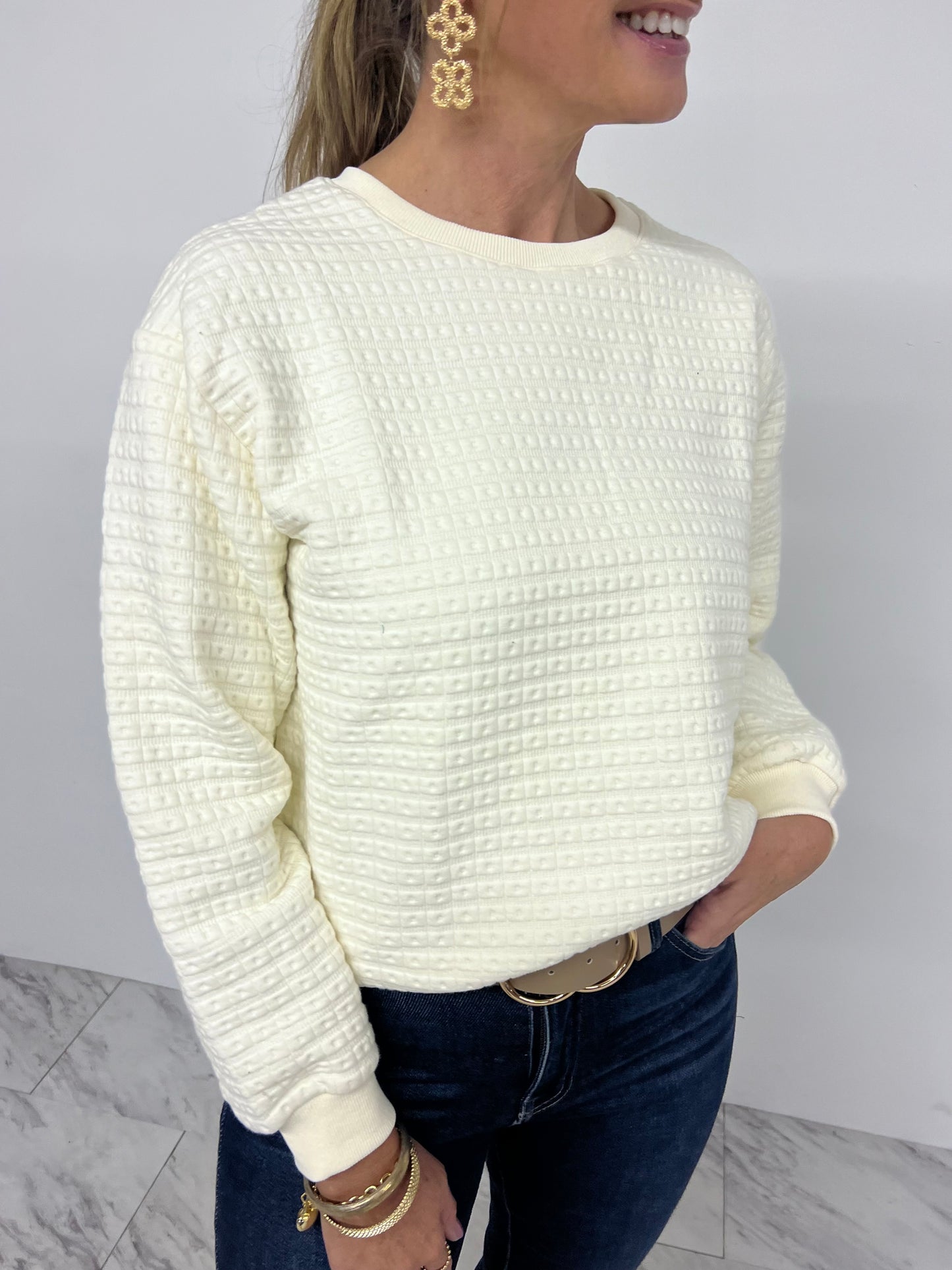 Wish Long Sleeve Textured Top (Cream)