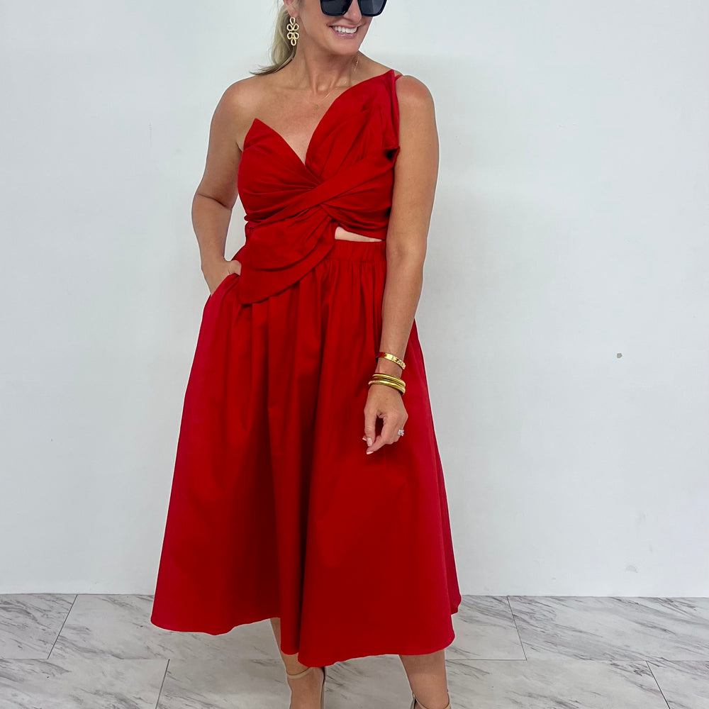 Kazia Bow Midi Dress (Red)