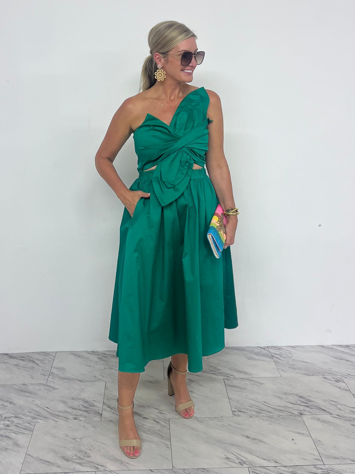 Kazia Bow Midi Dress (Green)