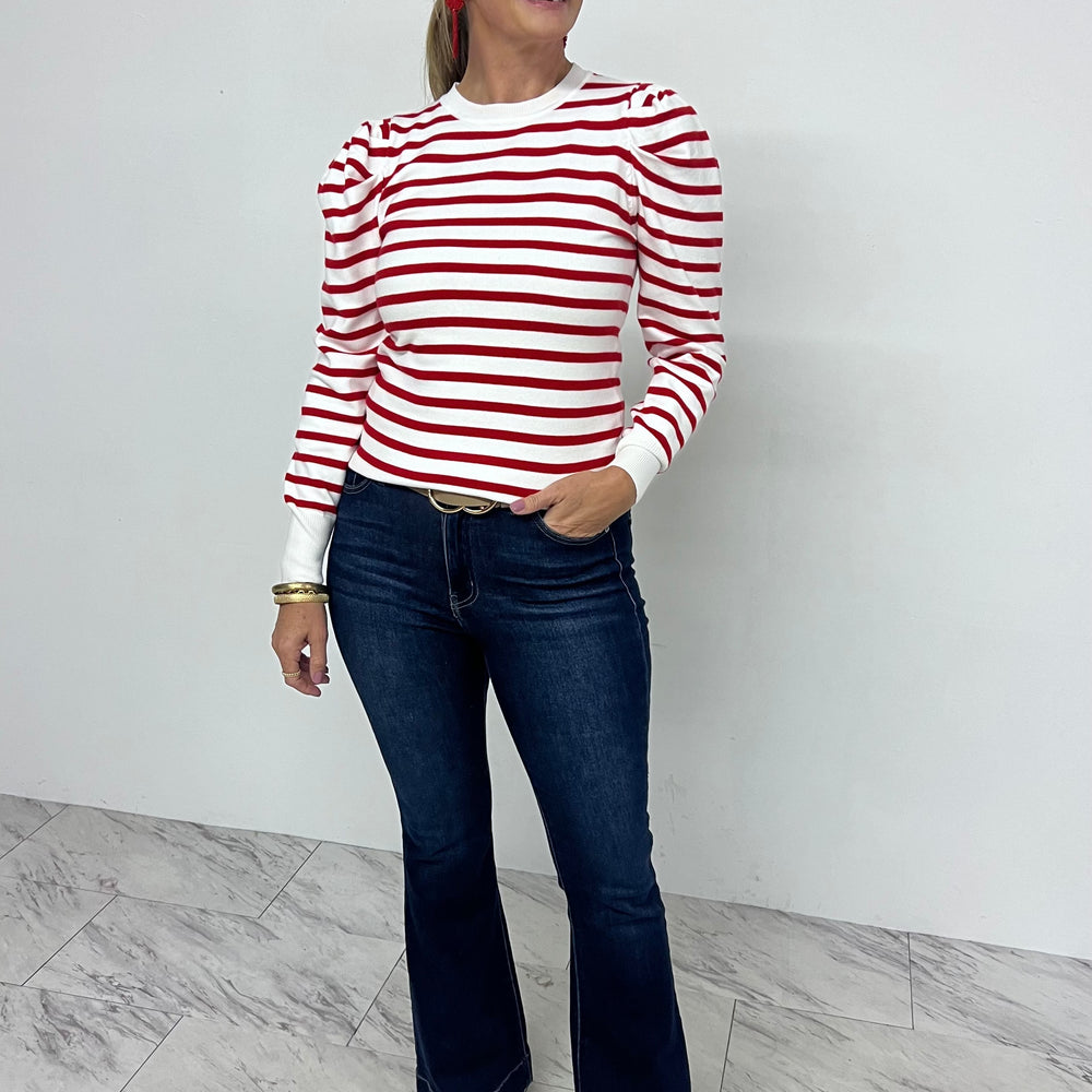 Harrison Stripe Puff Sleeve Sweater (Red)