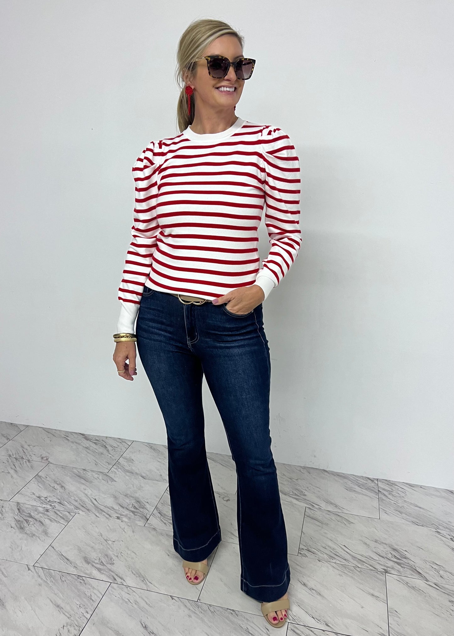 Harrison Stripe Puff Sleeve Sweater (Red)