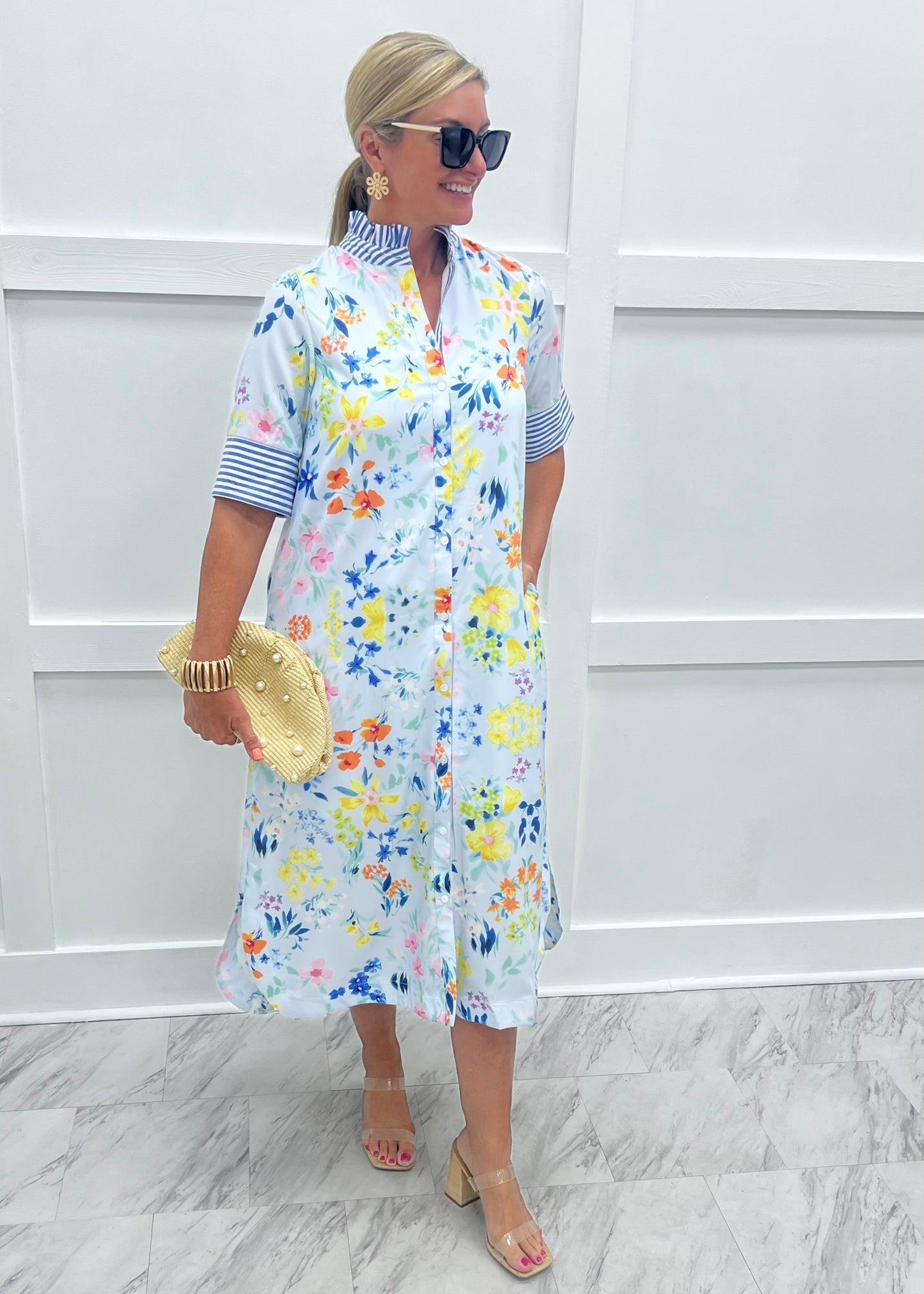 Felicity Flower + Stripe Midi Dress (Blue) – shop chartreuse