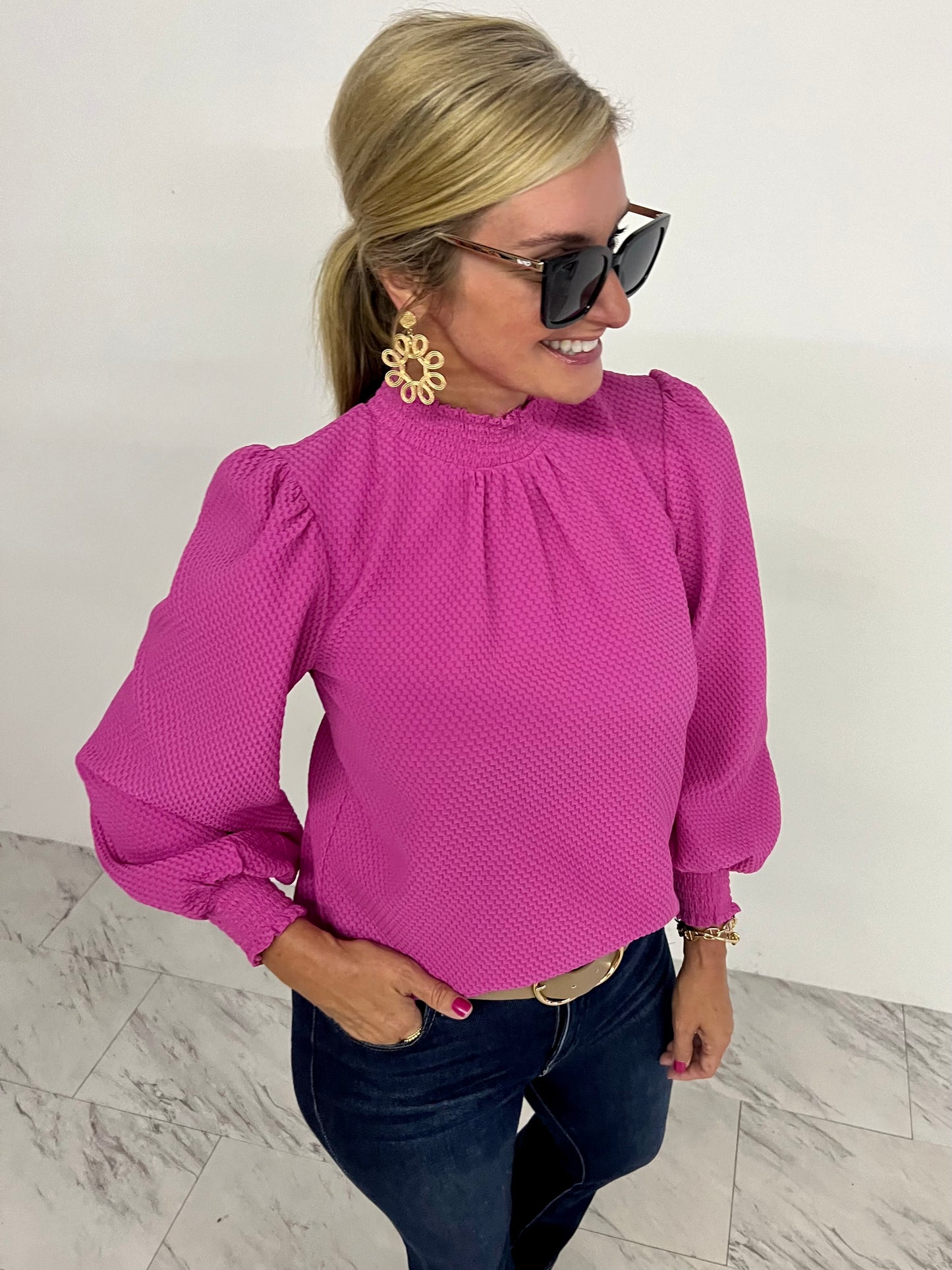 La La Long Sleeve Textured Top (Pink)